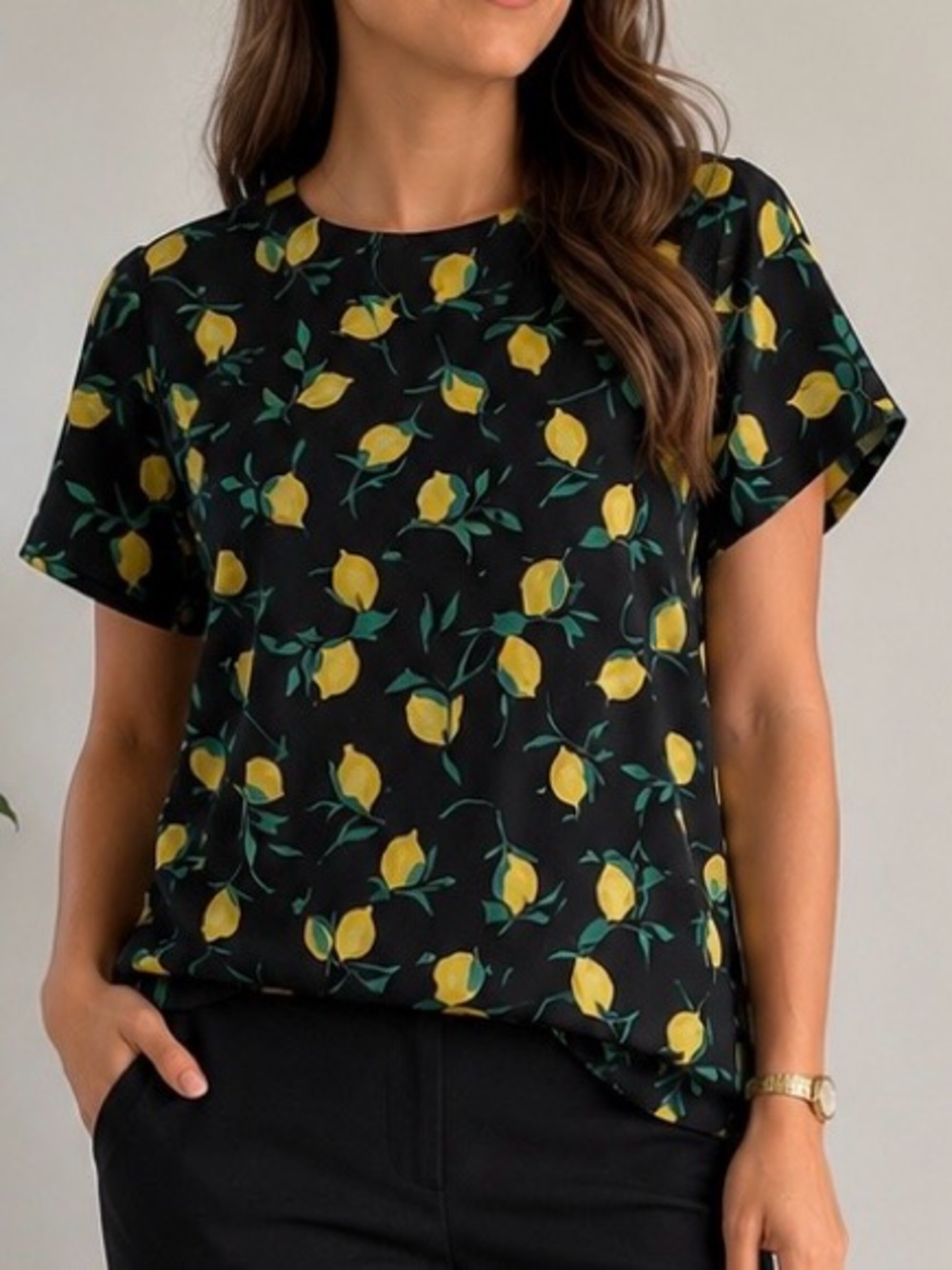 Banana Republic Navy Lemon Print Short Sleeve Top